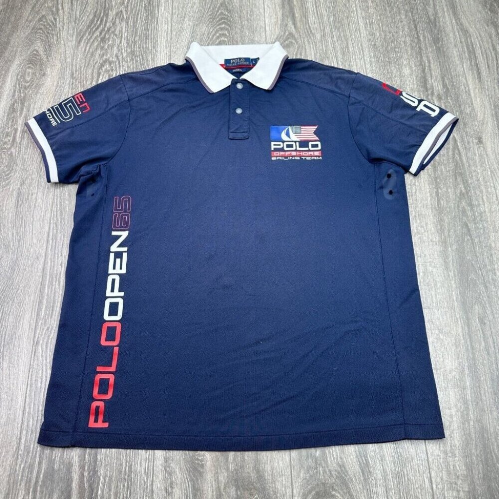Ralph Lauren Polo Open 65 Shirt USA Offshore Sailing Team Mens Large Blue Preppy